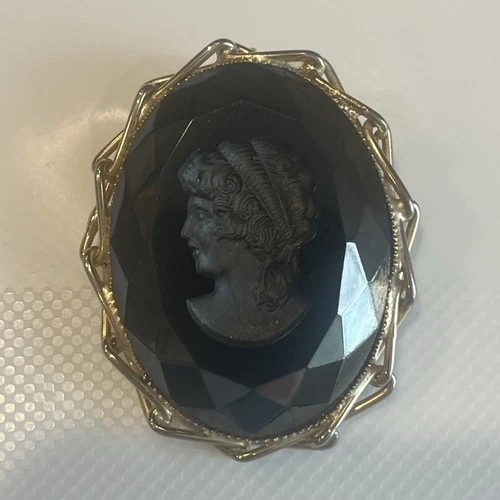 Vintage Black Glass Cameo Brooch Pendant Victorian Lady Profile Costume Jewelry