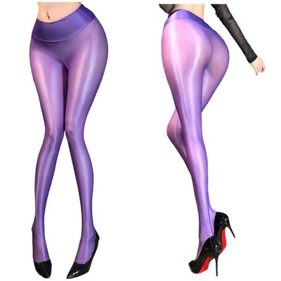 Black Sheer Thin High Waist Elastic Tights Oil Shiny Glossy Pantyhose Nightwear