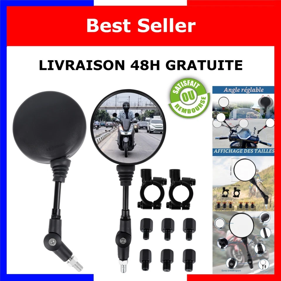 Rétroviseurs Moto Universels 22 mm M8 M10 Pivotants 360° Noir JABNOW - Photo 1/4