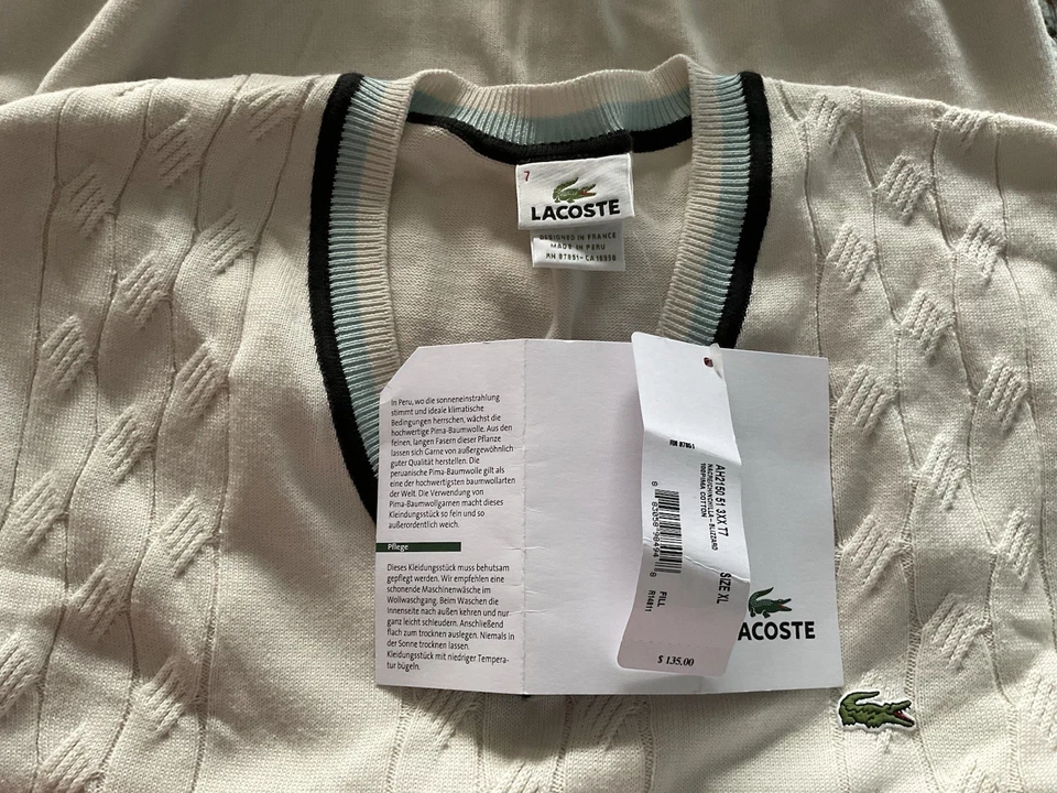 Chaleco Lacoste Hombre Blanco Con Borde Azul Talla XL Nuevo Clásico Foto 2 de 4