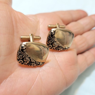 Mens Cufflinks Vintage Square Embossed Swirling Design Light Gold Tone Color G