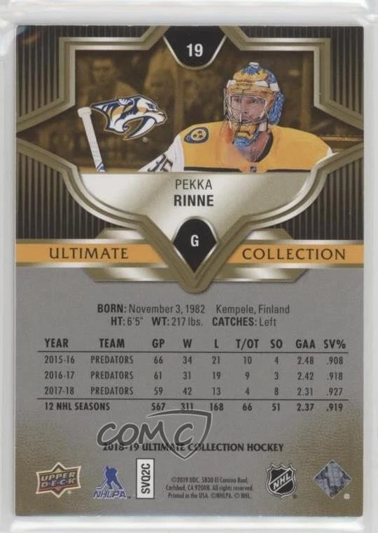 2018-19 Upper Deck Ultimate Collection Onyx Black /10 Pekka Rinne #19 - Image 2 of 2
