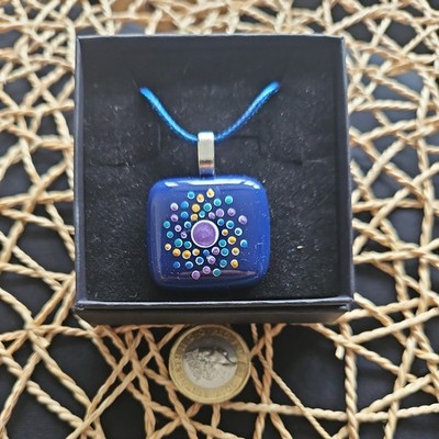 Blue Colour Fused Glass Pendant - Mandala Dotted Pattern on cord necklace  New