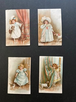 Viktorianische vier kleine Chromolithographie Druck Mädchen mit Haustieren