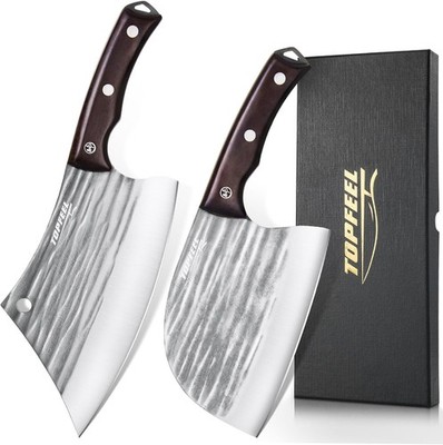 2PCS Butcher Cleaver Knife Set- Serbian Chef Knife & Heavy Duty Meat Cleaver ...