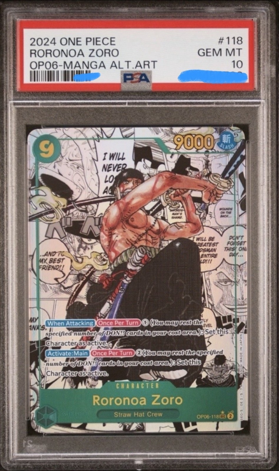 One Piece TCG OP06-118 SEC Roronoa Zoro Manga Art PSA 10 Wings Of The Captain