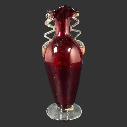 Vintage Murano AVDM Ruby Red Ballotton Blown Glass Vase w/ Clear Handle