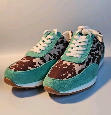 Crazy Train Women's Size 10 Turquoise Brown Cow Print New No Box