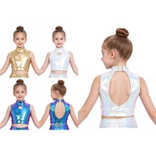 Girls Gymnastics Metallic Crop Top Mock Neck Dance Kids Performance Jazz Stage