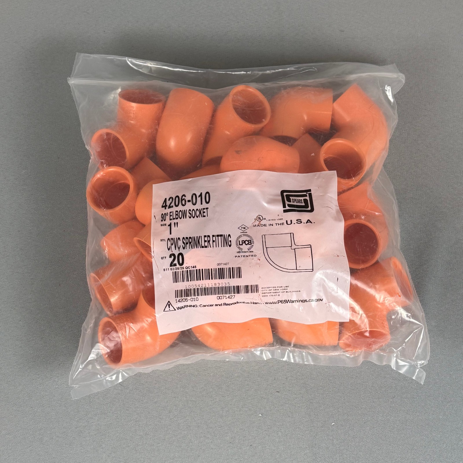Lot of 20 - Spears 4206-010 CPVC 90 Elbow Socket 1" FlameGuard New Sealed Bag
