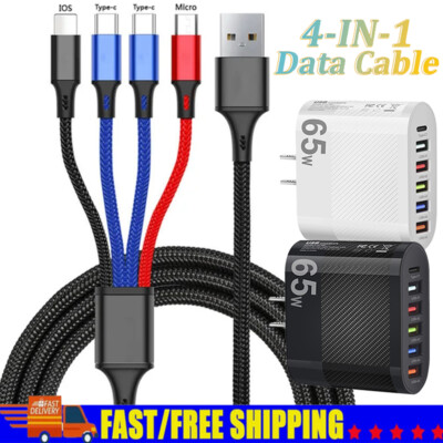 65W 6-Port USB C Fast Wall Charger Block ,4 in 1 Cable For All Cell Phone iPad