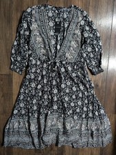 Lucky Brand Women's Black & White Paisley Floral Long Kimono Wrap Dress Med NWT