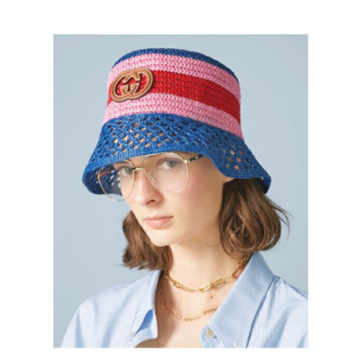 GUCCI Interlocking G Leather Logo Raffia Effect Bucket Hat Blue x