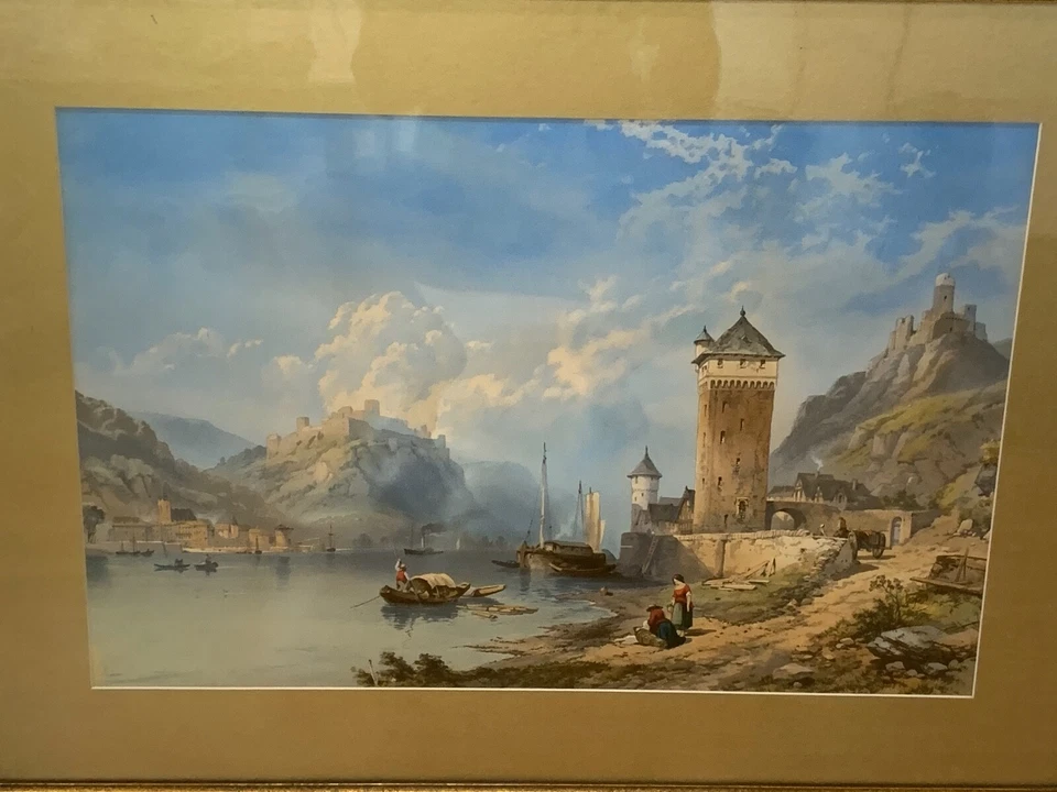 Desenho antigo vintage em giz/pastel grande paisagem litorânea paisagem montanhosa - Imagem 2 de 4