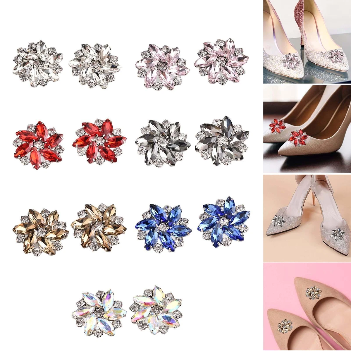 2Pcs Rhinestone Shoe Clips Crystal Shoe Buckle Wedding Jewelry Clothing  Flat White 