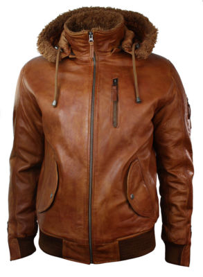 Herren Biker Echt Echtleder Vintage Hellbraun Kapuze Fell Bomberjacke