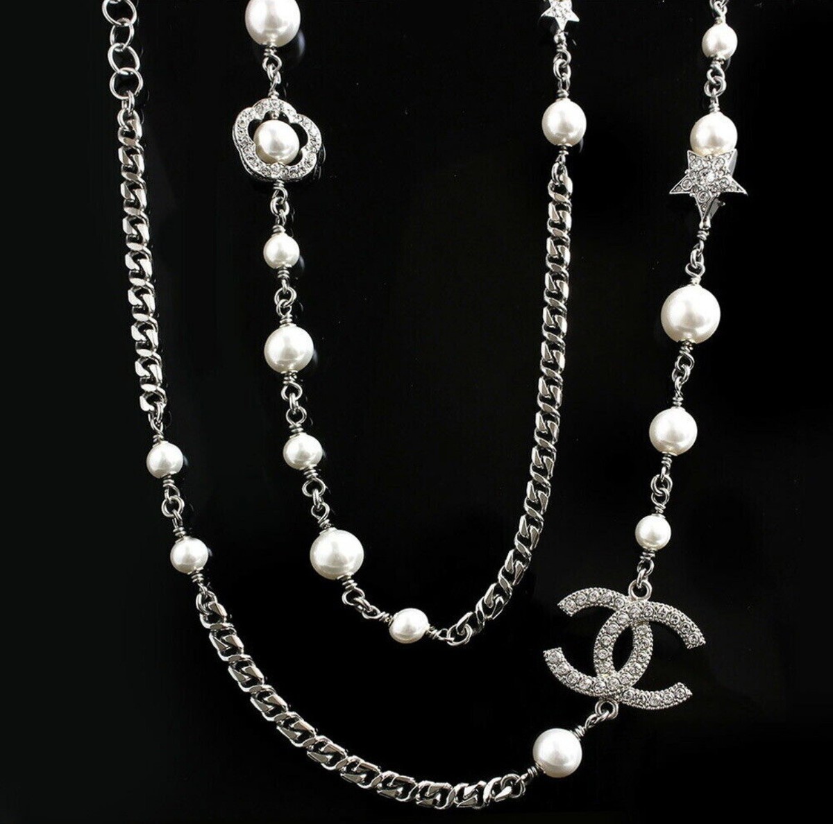 Chanel Pearl Rhinestone Flower/Star Long Necklace | eBay