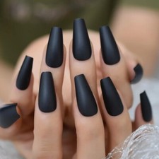 24 Matte Black Press on nails kit new glue goth edgy long coffin