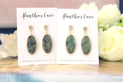 Handgefertigte Ohrhänger Ozeangrün & Gold, oval, Handarbeit Schmuck Geschenk