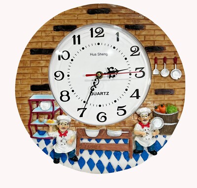Hand Painted Resin Wall Clock Cook Multi Color,Chef Picture,Non - Ticking 