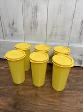 Tupperware Vintage 9 oz Sheer Stacking Yellow Cups Tumbler Set of 6 w/ Lids