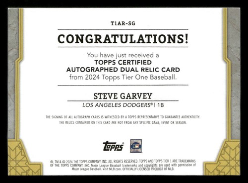2024 Topps Tier One Steve Garvey #T1AR-SG Dual Relic Auto 09/99 Dodgers - Picture 2 of 2