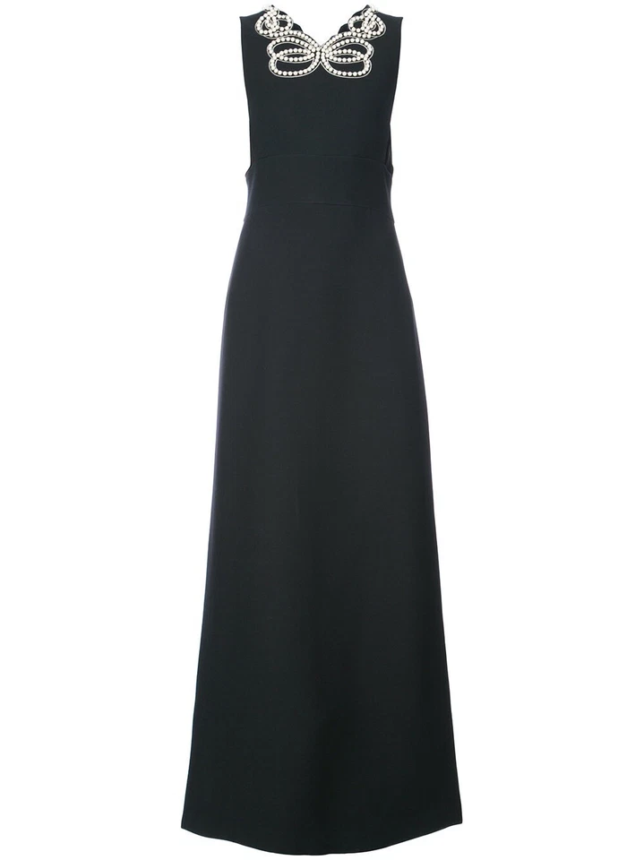 FENDI Double Bow Beaded Pearl Black Silk Wool Sleeveless V Back Gown Dress 6 - Image 4 of 4