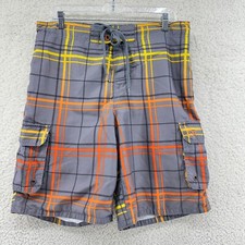 Vtg OP Mens M 32/34 Gray Plaid Orange Yellow Board Shorts Drawstring Lined Swim