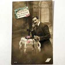 RPPC Rotary Candlestick Phone Handsome Man Old Telephone Vintage Tinted Postcard