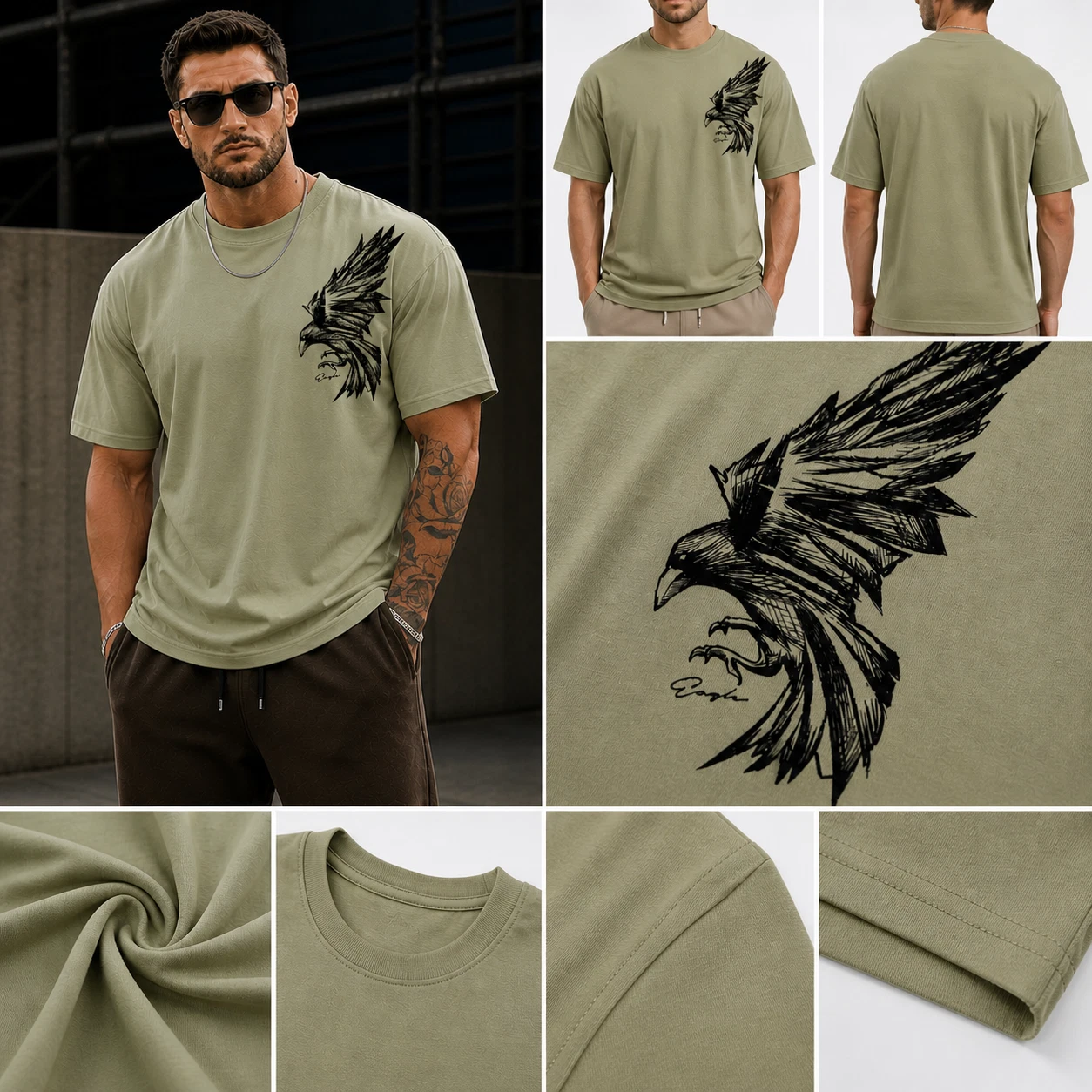 Men’s Eagle Cool Graphic T-Shirt Loose Fit Streetwear Summer Casual Cotton Tee - Picture 10 of 18