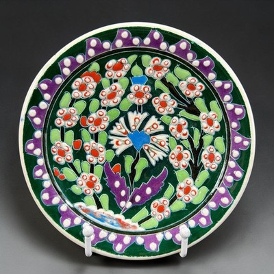 Handmade Turkish Kutahya Ceramic Floral Plate Bowl Green Iznik Style Pottery