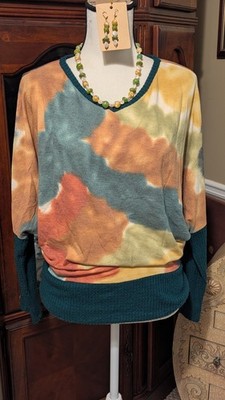NEW White Birch Womens Long Sleeve Top Fall Colors Green Trim Small