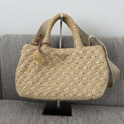 Auth Prada Canapa Raffia 2Way Handbag Shoulder Basket Bag Beige Triangle Logo
