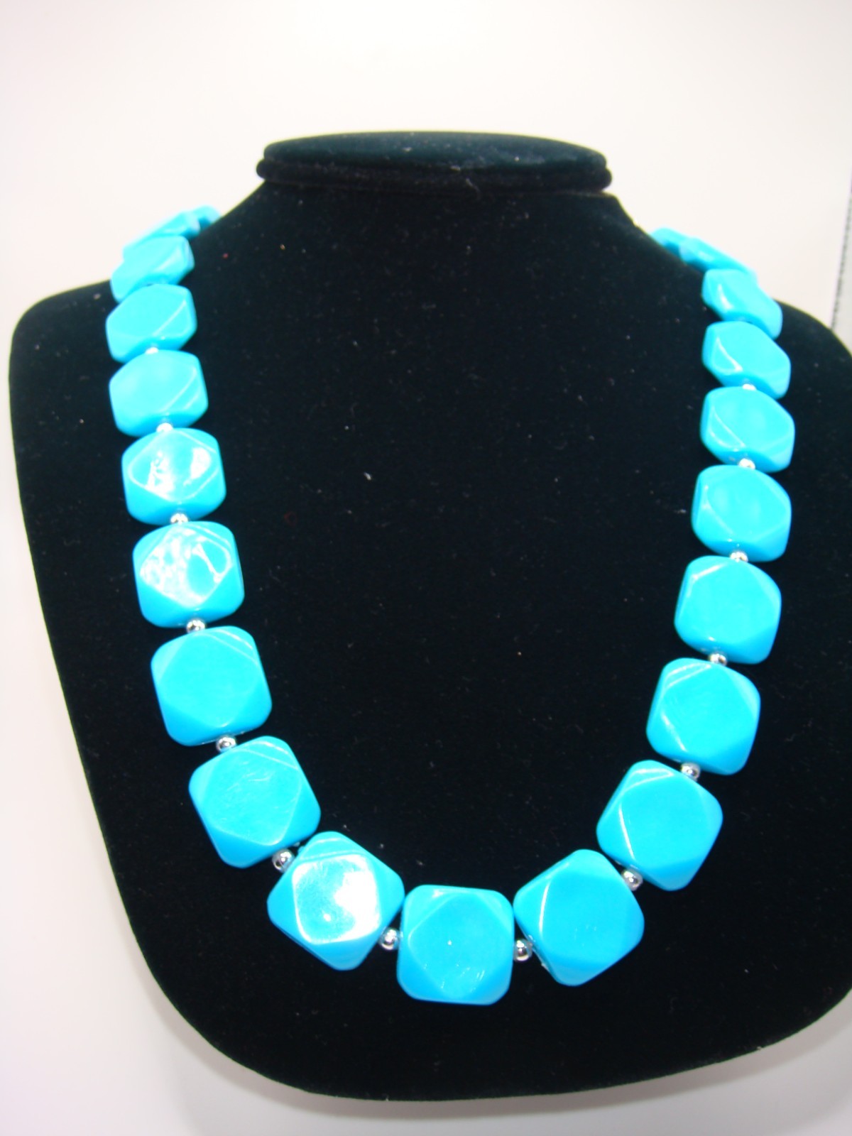VINTAGE PLASTIC TURQUOISE RECTANGULAR BEAD NECKLA… - image 1
