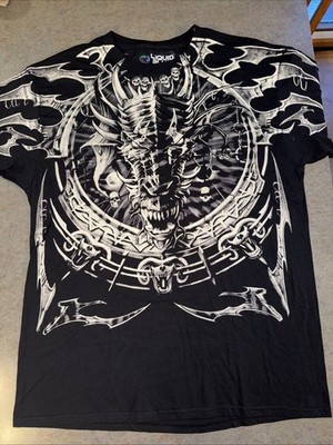 NWOT Liquid Blue Dragon Catcher T Shirt Black Size L AOP Skulls Y2K Metal