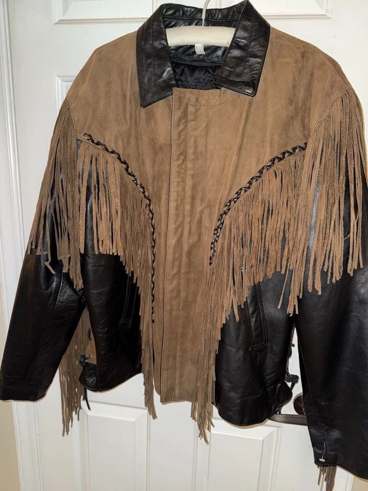 Chaqueta Galería Cuero De Colección XXL Negra Marrón Gamuza Flecos Motociclista Western Foto 4 de 4