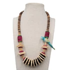 Vintage Coconut Wood Bead Necklace Bird Hand Painted 22" Estate Costume Jewelry
