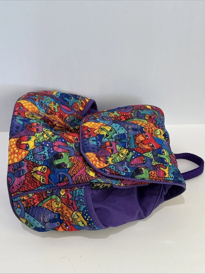 Laurel Burch Fantástico Felinos Mochila Acolchada Cartera Bolso Cinch Colorido Arte Gato Foto 3 de 4