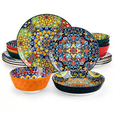 16-Piece Bohemian Multi-Colored Stoneware Dinnerware Set Service for 4-Bowls and