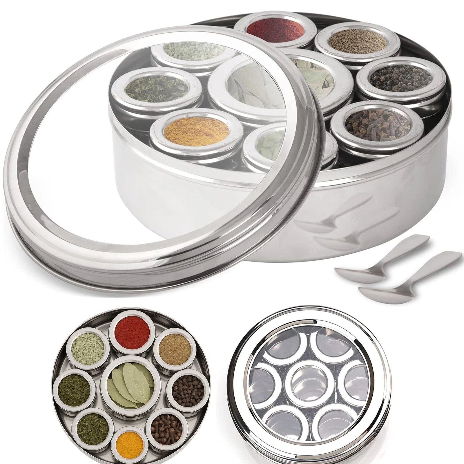 Premium Spice Tin Masala Dabba - Indian Spice Box, Transperent Lid 9 Compartment