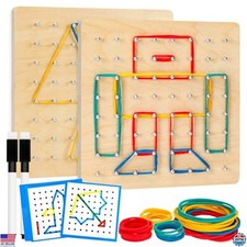 2-Pack Wooden Geoboard Montessori Toy - Math Learning Set with Cards  Bands