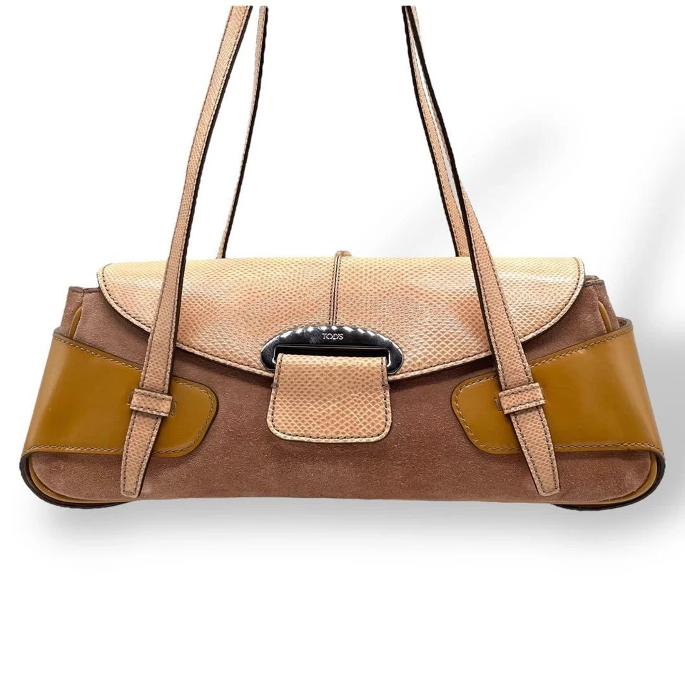 TOD'S Rare Small Logo Shoulder Bag Suede Leather Brown Women's Authentic Japan - Image 2 of 4