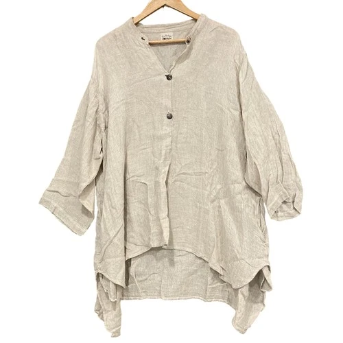 La Bottega Di Brunella Blouse Womens One Size Beige Flax Henley Tunic 3/4 Sleeve