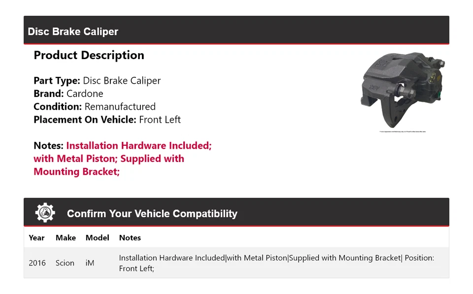 Pinza de freno de disco delantera izquierda Cardone para Scion iM 2016 Foto 2 de 4