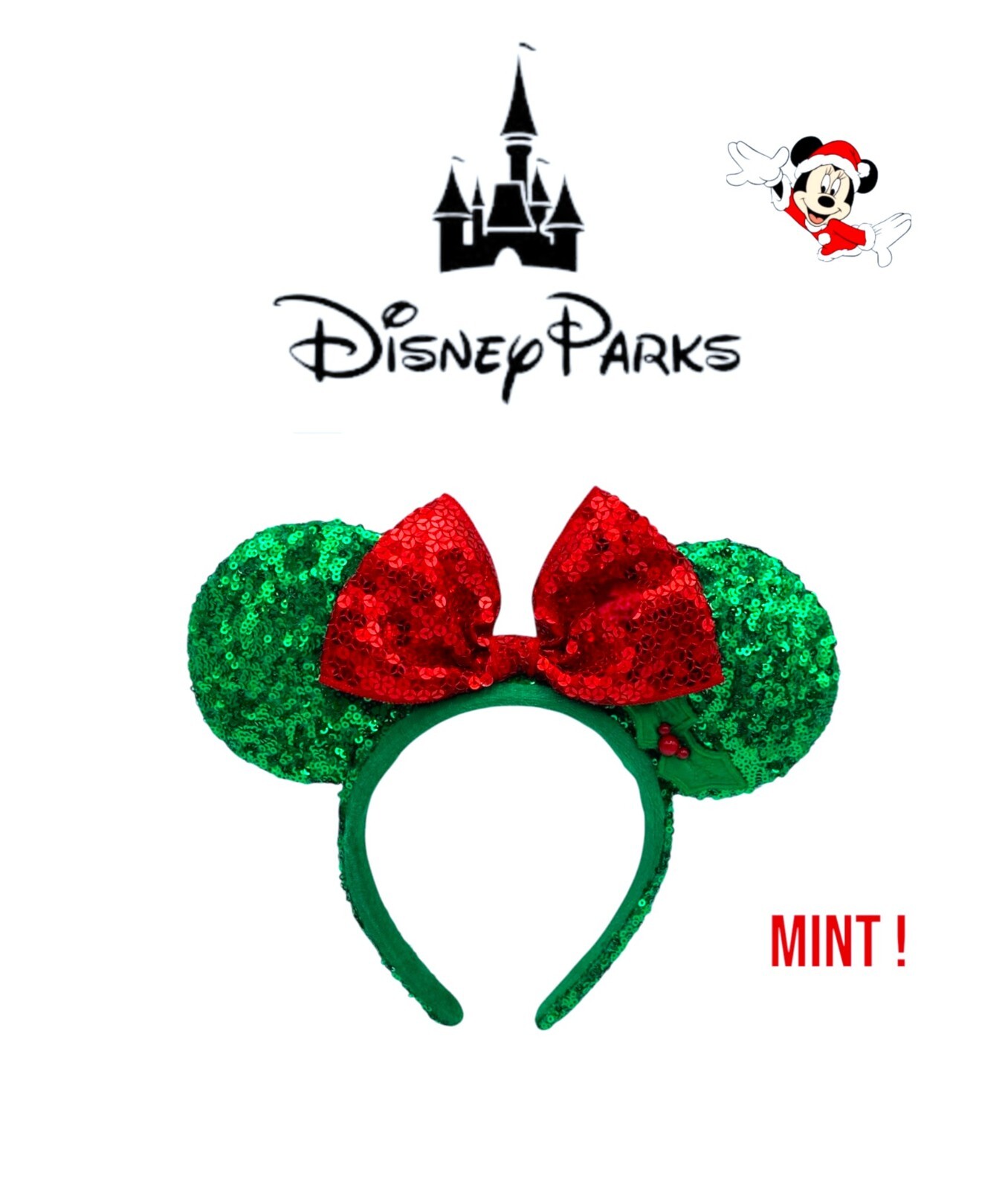 Disney Parks Minnie Mouse Christmas Sequin Ears & Bow Holly Berry Leaf Headband