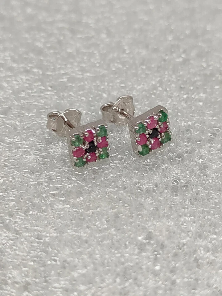 0.90 Karat Saphir Smaragd & Rubin Ohrstecker 925 Massiv Silber - Bild 2 von 4