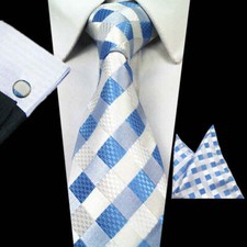 Blue, Silver, White Checkered Necktie, Hanky, Cufflinks Set