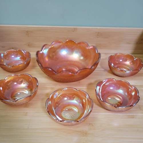 Jeannette Iridescent Carnival Glass Scalloped Edges Berry Fruit Bowl Set 6 Pcs - Picture 8 of 12