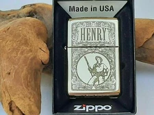 Rare New High Polished Engraved Brass limited edition Henry Repeating Arms Zippo