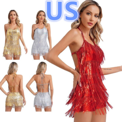 Sequins Tassel Latin Dance Leotards Halter Neck Fringed Flapper